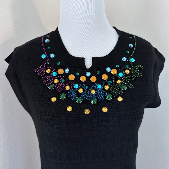 Nanette Lepore Wool Mini Black Dress Sparkle Rhinestone Short Sleeve Medium - Picture 4 of 12